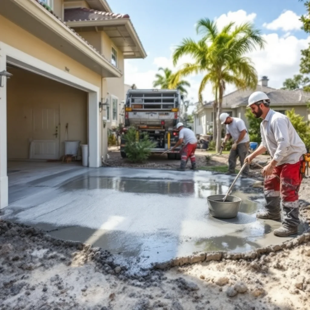 Fresh concrete being poured for new driveway