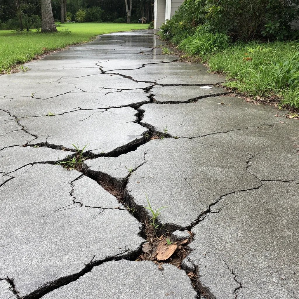 Cracked and damaged concrete driveway needing replacement