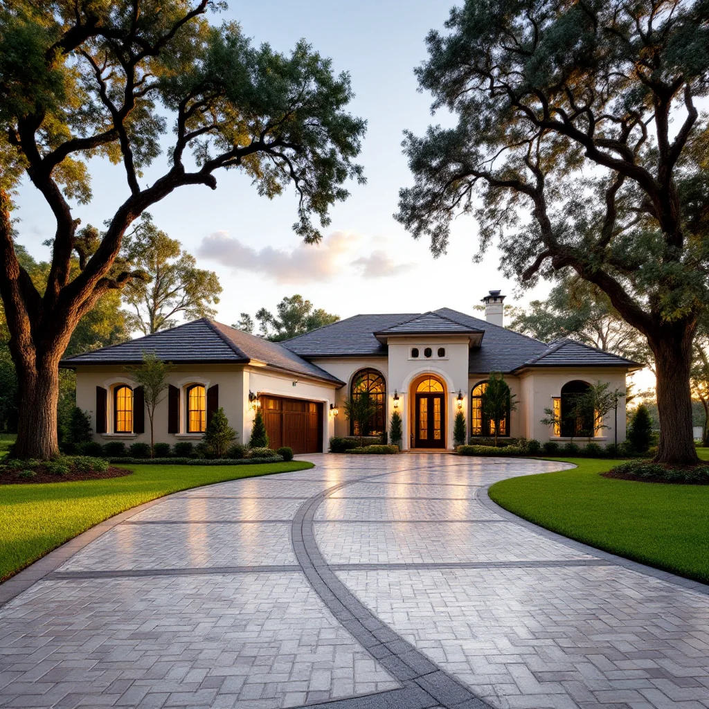 Elegant home with decorative concrete driveway in Winter Park
