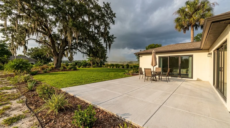 Broom-finish concrete patio behind a stucco home under a live oak