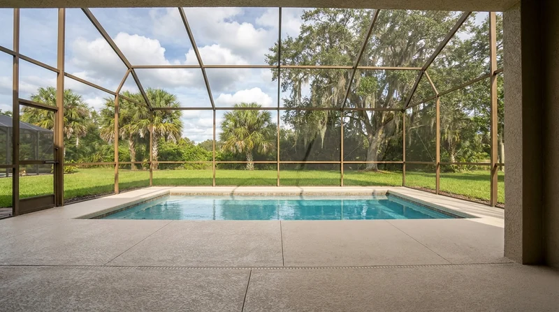 Textured concrete pool deck inside a screened pool enclosure with live oaks beyond