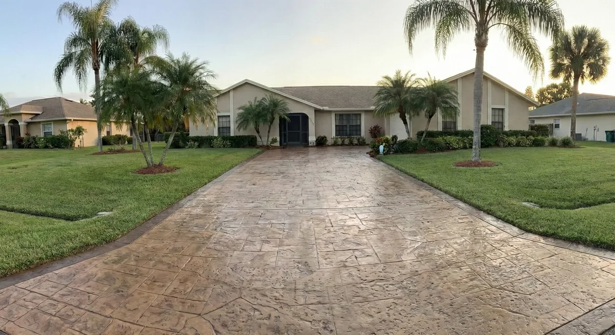 The same driveway in colored, textured stamped concrete with a contrasting border