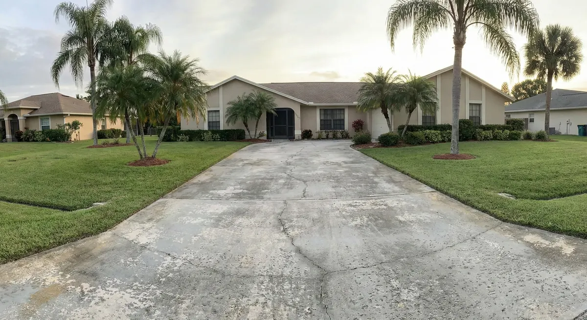 Stained and cracked concrete driveway in front of a ranch home with palms