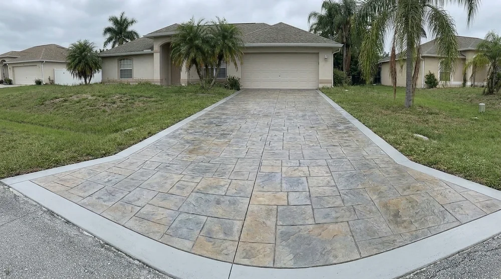 The same driveway rebuilt in gray and tan ashlar slate stamped concrete with a smooth border